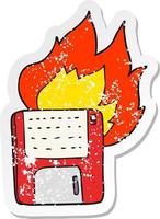 retro distressed sticker of a cartoon old computer disk burning vector