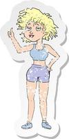 retro distressed sticker of a cartoon tired gym woman vector