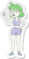 retro distressed sticker of a cartoon alien gym girl vector