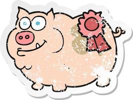 pegatina retro angustiada de un cerdo ganador de un premio de dibujos animados vector