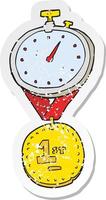 retro distressed sticker of a cartoon stopwatch and medal vector