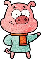 happy cartoon pig wearing warm clothes vector