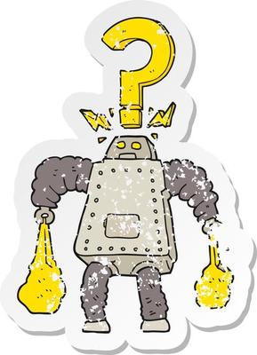 retro distressed sticker of a cartoon confused robot carrying shopping