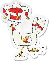 retro distressed sticker of a cartoon chicken running in funny hat vector