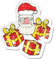 retro distressed sticker of a cartoon tired santa claus face with presents vector