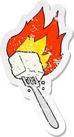 retro distressed sticker of a cartoon flaming tofu on fork vector