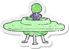 retro distressed sticker of a cartoon flying saucer vector