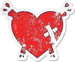 distressed sticker of a cartoon heart squirting blood vector