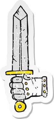 retro distressed sticker of a cartoon hand holding sword