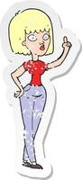 retro distressed sticker of a cartoon woman with idea vector