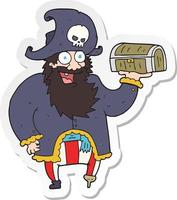 sticker of a cartoon pirate captain with treasure chest vector