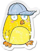 retro distressed sticker of a cartoon bird in cap vector