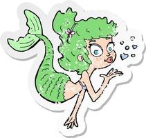 retro distressed sticker of a cartoon pretty mermaid vector