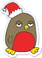 sticker of a cartoon christmas robin wearing santa hat vector