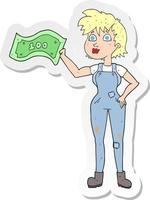 sticker of a cartoon confident farmer woman with money vector