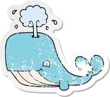 pegatina retro angustiada de una ballena de dibujos animados arrojando agua vector