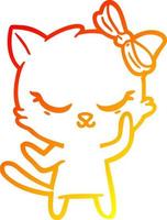 warm gradient line drawing cute cartoon cat with bow vector