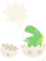 cartoon dinosaur hatching from egg and speech bubble in retro style vector