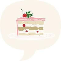 pastel de postre sabroso de dibujos animados y burbuja de habla en estilo retro vector