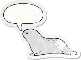 cute cartoon seal and speech bubble distressed sticker vector