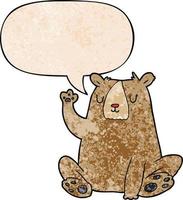 cartoon bear waving and speech bubble in retro texture style vector
