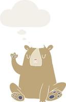 cartoon bear waving and thought bubble in retro style vector