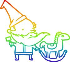 rainbow gradient line drawing santa  or elf  making a rocking horse vector