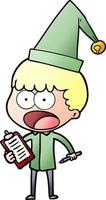 cartoon shocked xmas elf with clipboard and pen vector