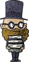 cartoon worried man with beard and stack of books vector