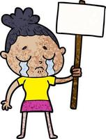 mujer llorando de dibujos animados con signo de protesta vector