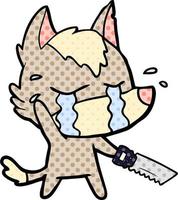 cartoon crying wolf with saw vector