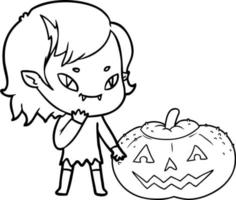 cartoon friendly vampire girl considering pumpkin vector