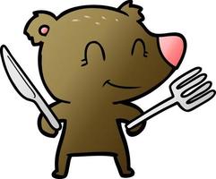 smiling bear cartoon with knife and fork vector