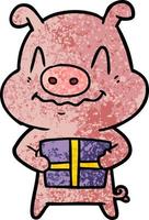 nervous cartoon pig with present vector