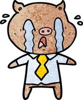 crying pig cartoon wearing human clothes vector