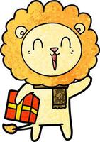 laughing lion cartoon with christmas present vector