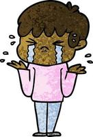 cartoon boy crying and shrugging shoulders vector