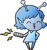 cartoon alien girl laughing with remote control vector