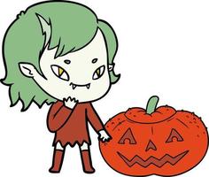 cartoon friendly vampire girl considering pumpkin vector