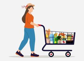 mujer con carro lleno de compras de comida en la ilustración de vector de fondo en estilo plano
