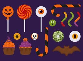 Set Of Halloween Candies For Kids Trick Or Treat Vector Illustration In Flat Style