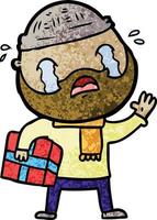 cartoon bearded man crying with christmas present vector