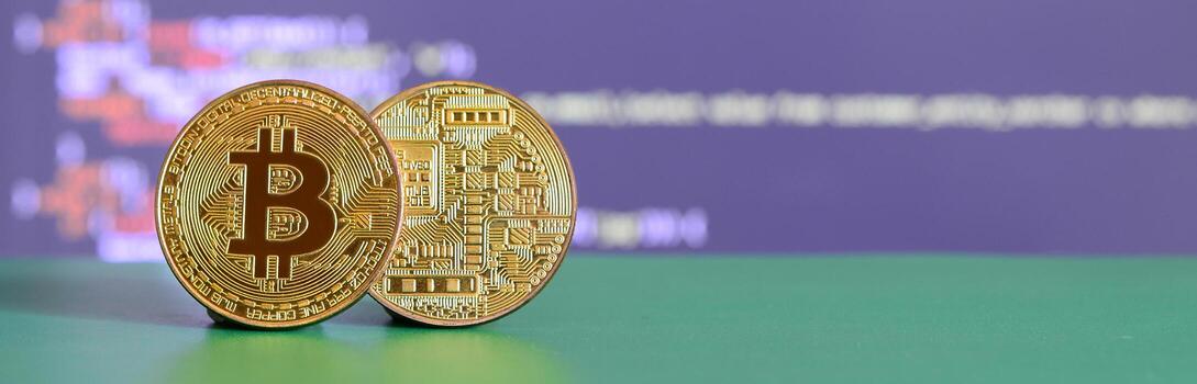 Two gold bitcoins lie on the green surface on the background of the display, which shows the process of mining the crypto currency photo