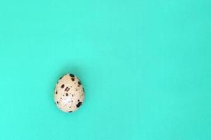 One quail egg on a light green surface, top view, empty place for text. Minimalism photo