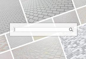 Visualization of the search bar on the background of a collage of many pictures with fragments of paving tiles close-up. Set of images with pavement stone photo