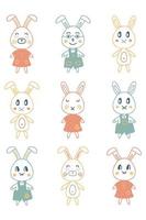 Cartoon style childish bunny doodle collection. Perfect set for T-shirt, logo, stickers and print. vector