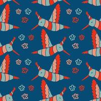 Colibri birds in caps and flowers seamless pattern. vector