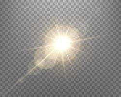 Sunlight lens flare, sun flash with rays and spotlight. Gold glowing burst explosion. Vector illustration.