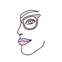 Girl face in glasses outline, one line. Illustration for backgrounds, covers and packaging. Image can be used for greeting cards, posters, stickers and textile. Isolated on white background. vector