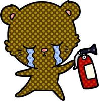 crying cartoon bear with fire extinguisher vector